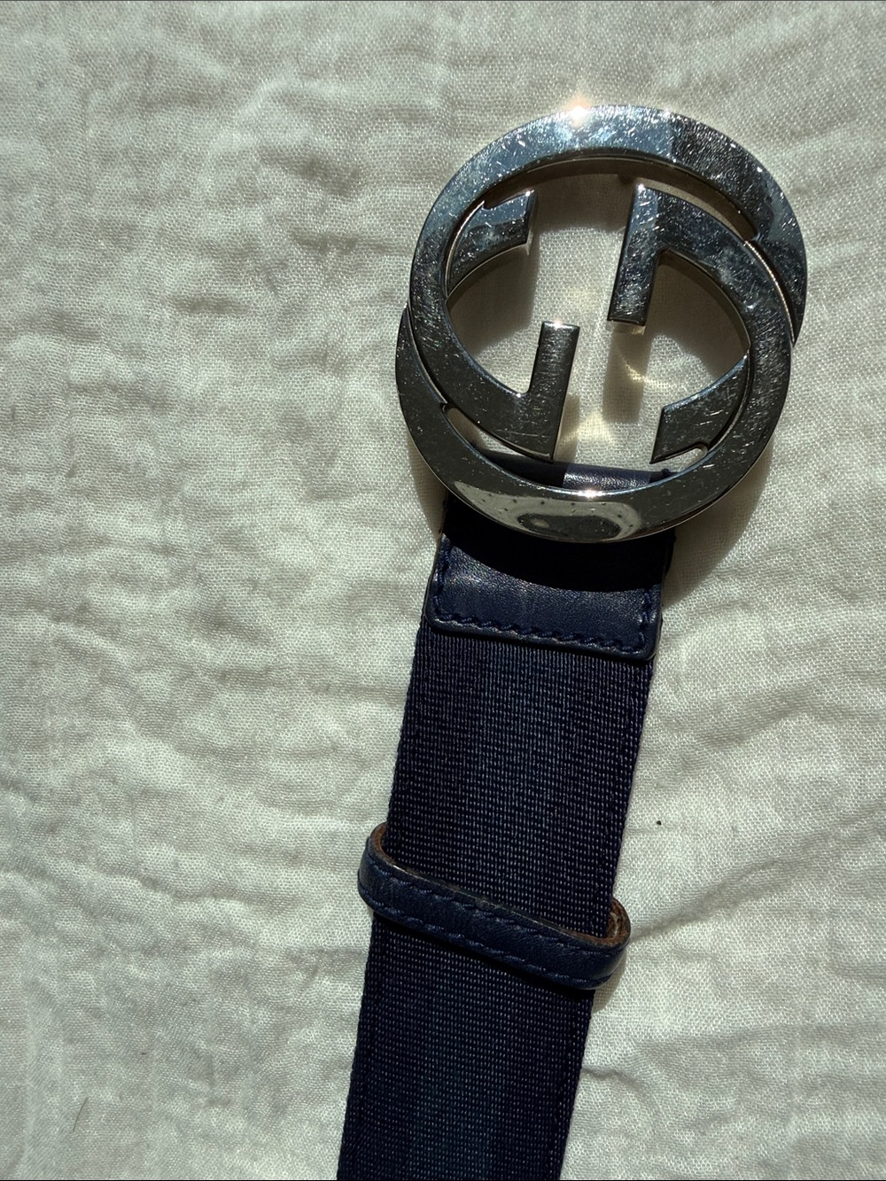 Gucci Navy Web Belt with Silver Double G Buckle - Picture 3 of 12